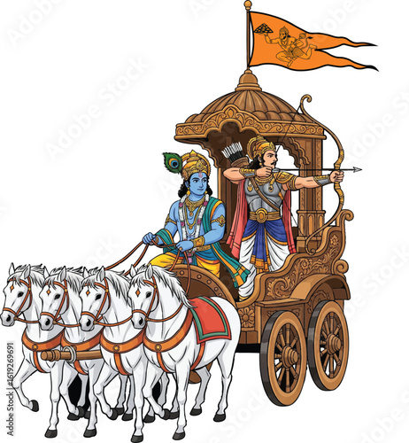 Vector illustration of God Krishna driving a chariot for Arjuna in the Mahabharata war