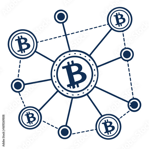 Vector art of a conceptual illustration of a decentralized bitcoin network, showing interconnected nodes and the cryptocurrency symbol