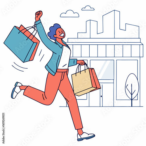 Vector art of a joyful woman with shopping bags runs excitedly in front of a store, celebrating a successful shopping spree