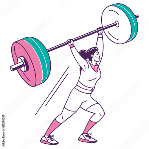 Vector art of a determined woman powerfully lifts a heavy barbell overhead in a dynamic weightlifting pose, showcasing strength and athletic prowess
