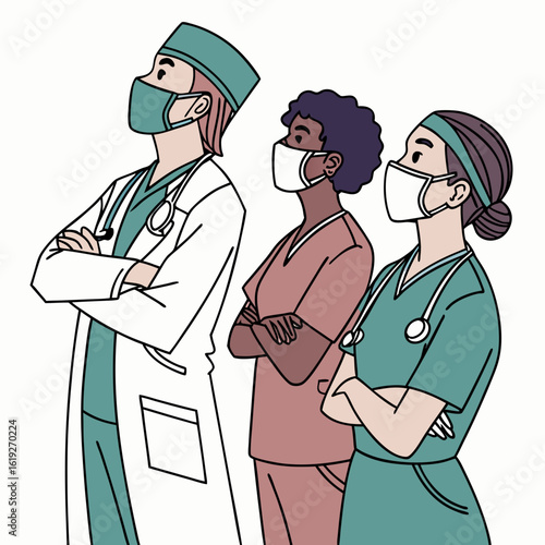 Vector art of three diverse medical professionals in scrubs and lab coats, wearing face masks and looking upwards with determination