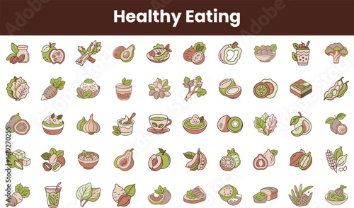 A colorful collection of healthy eating icons featuring fruits, vegetables, salads, and nutritious dishes. Perfect for wellness and nutrition themes.
