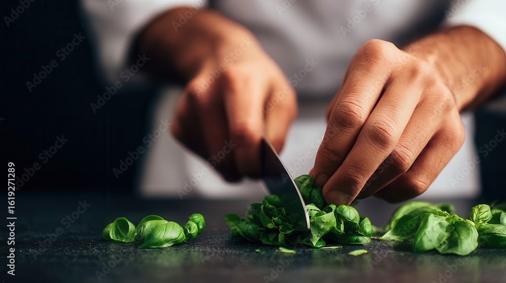 Fototapeta premium Chef's hands chopping fresh basil.