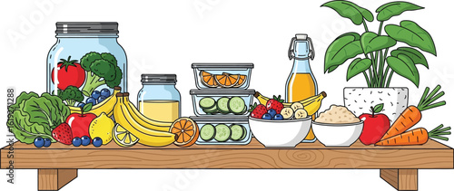 Fresh colorful produce and healthy meal prep containers on wooden shelf