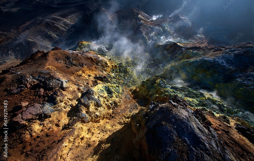 Naklejka premium Aerial View of a Volcanic Landscape with Colorful Sulfur Deposits and Steam
