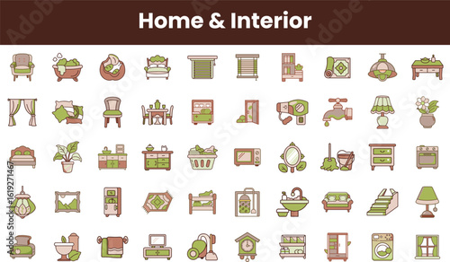 A colorful collection of interior design icons showcasing various home furnishings and decor, ideal for home improvement projects and design inspiration.