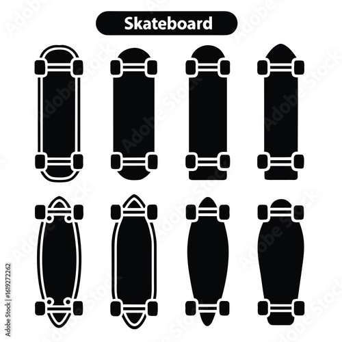 Eight stylized black silhouette skateboards and longboards