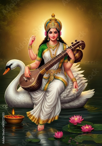 A captivating illustration of the hindu goddess saraswati, seated gracefully on a swan, playing the veena