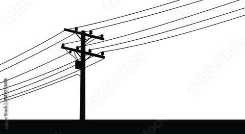 Electric pole with transformer silhouette, power line vector illustration, rural utility structure, energy cable art, black minimal infrastructure design