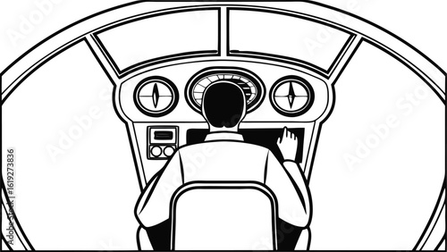 A black and white illustration of a pilot inside a futuristic cockpit ready for flight and navigation operations