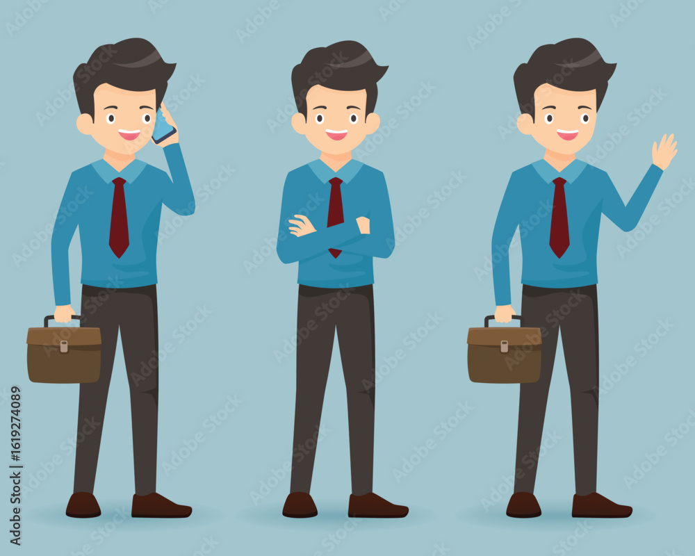 Fototapeta premium Set of Businessman character in different poses. Cartoon man standing, Vector illustration.