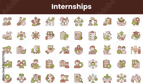 A colorful collection of icons representing internships, showcasing diverse activities and concepts associated with learning and professional growth.