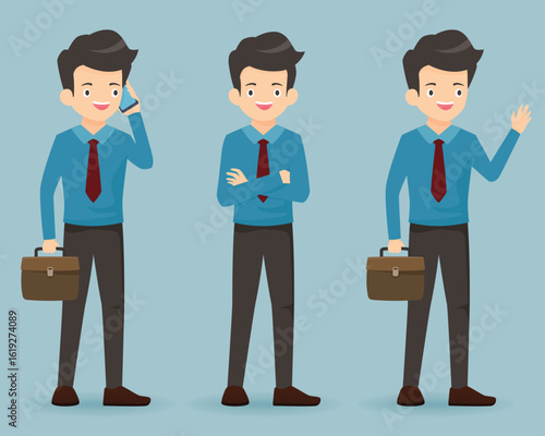 Set of Businessman character in different poses. Cartoon man standing, Vector illustration.