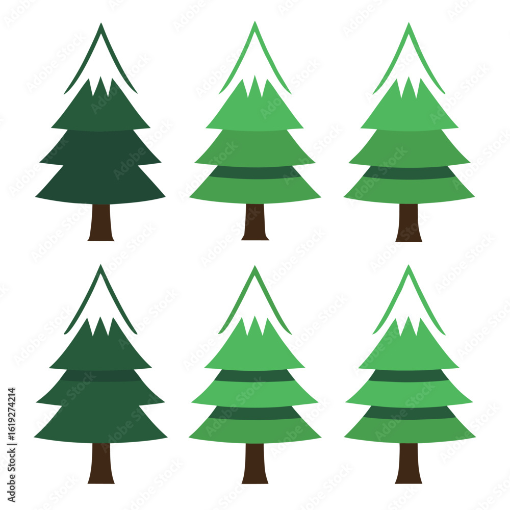 Fototapeta premium Six stylized Christmas trees in green and dark green