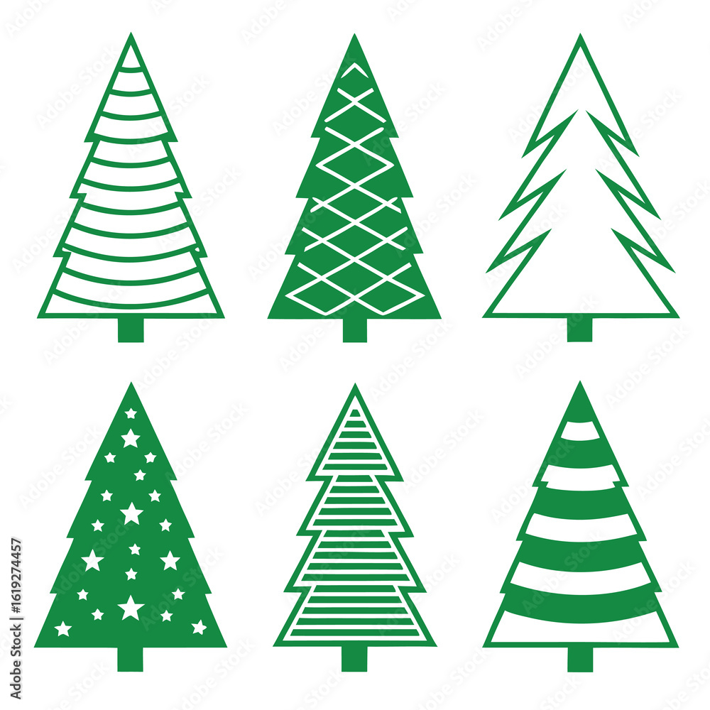Obraz premium Six stylized green Christmas trees with different patterns