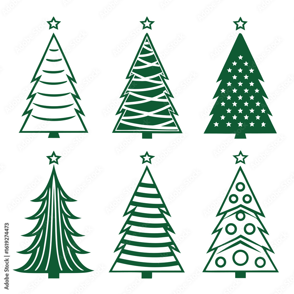 Fototapeta premium Six stylized green Christmas trees with stars holiday