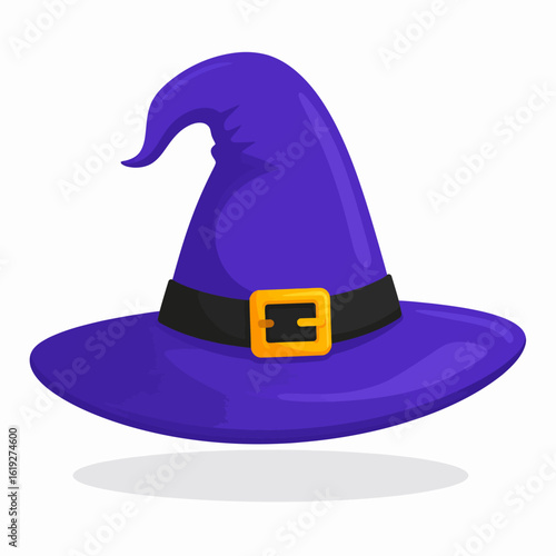 Purple witch hat with black band and gold buckle, a classic Halloween sorceress accessory isolated on white.