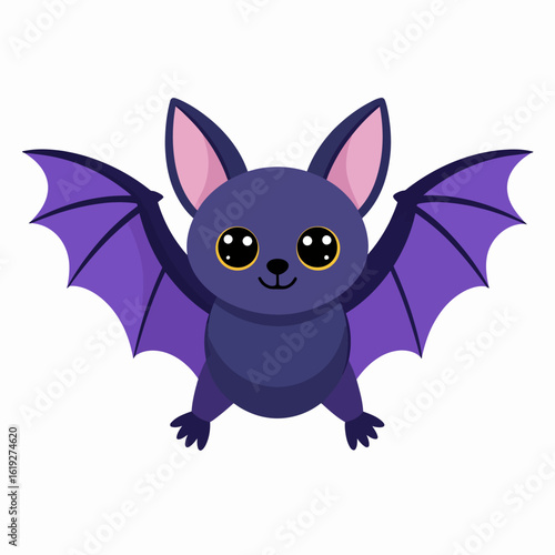 Cute cartoon bat with big eyes and purple wings flying. Adorable Halloween character illustration isolated on white background.