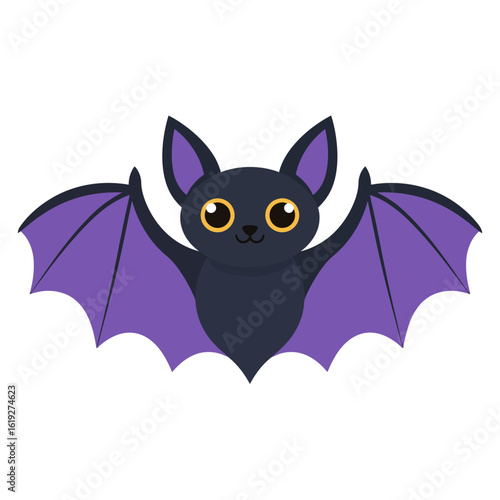 Cute purple bat cartoon character flying with big eyes. Adorable kawaii animal illustration for Halloween or children's design.