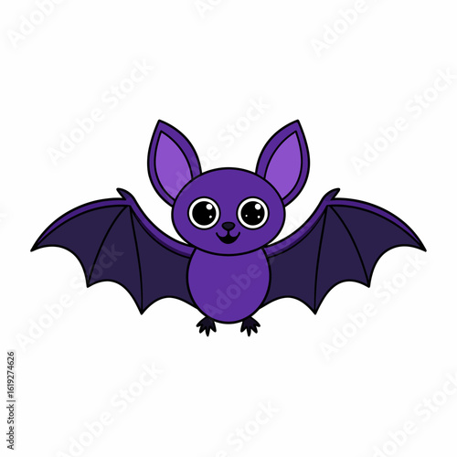 A cute purple cartoon bat character with big adorable eyes. This friendly flying mammal illustration is perfect for Halloween themes, isolated on a white background.