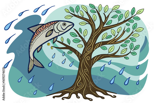 Surreal portrait of a fish morphing into a tree blending natural and aquatic themes in an imaginative artistic setting
