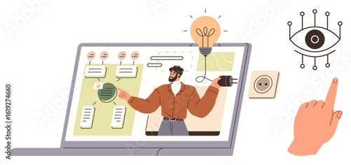 Teacher presenting lessons on laptop screen with charts, light bulb, plug, and tech symbols. Ideal for education, innovation, energy, e-learning tech tutorials virtual training creativity. Simple