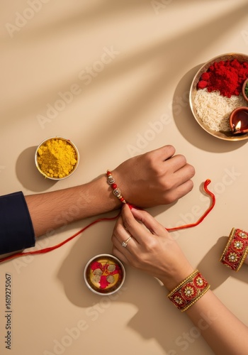 Top view of a woman tying rakhi on a mans wrist during raksha bandhan celebration