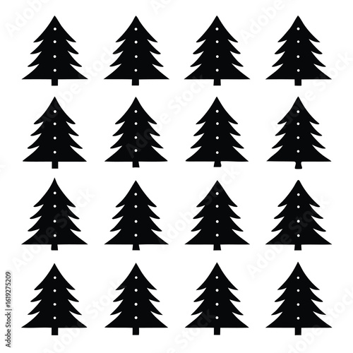 Twelve black stylized Christmas trees with white dots 1