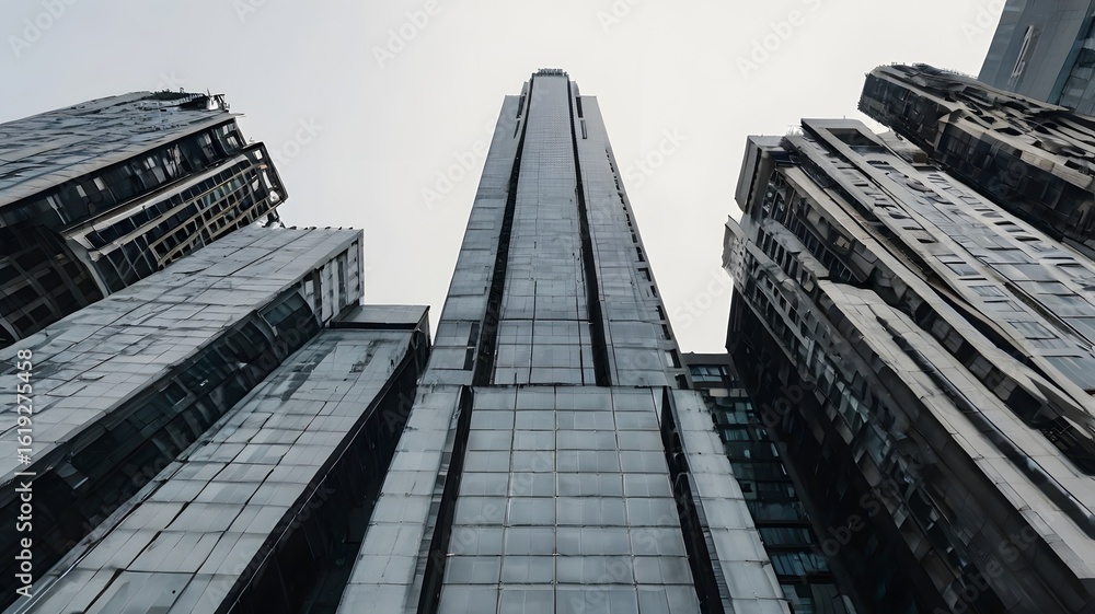 Fototapeta premium Tall Modern Skyscraper Building in Urban Cityscape with Glass Facade and Overcast Sky