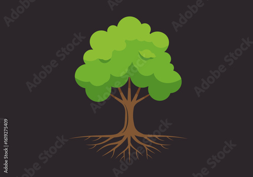 Flat vector illustration of a lush deciduous tree with an extensive root network, representing ecology, stability, and growth.
