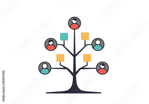 Genealogy concept illustration of a family tree with ancestor profiles. Modern flat icon representing heritage and lineage.