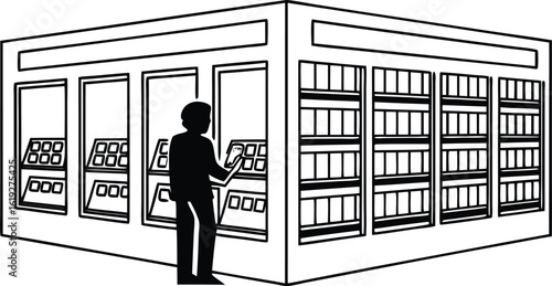 Silhouette of a person interacting with a vending machine in a storefront or shopfront setting black and white illustration