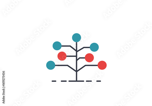 Minimalist decision tree icon with colorful nodes. Vector illustration representing classification, network connections, and data structure.