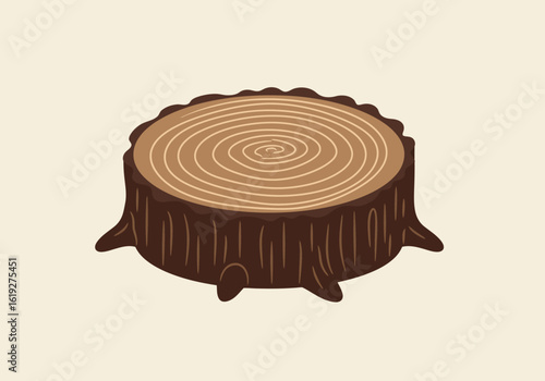 Illustrated tree stump cross-section with annual growth rings. A concept of nature, time, and the life cycle of a forest.