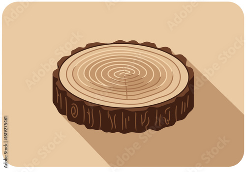 Vector illustration of a tree stump cross-section in a flat design style. A round wood slice with growth rings and bark on a beige background.