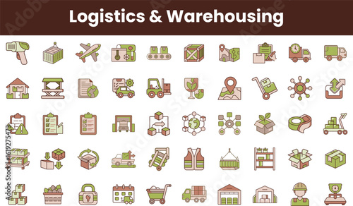 A diverse collection of logistics and warehousing icons, featuring trucks, planes, cargo, and warehouse symbols, designed in a modern and simplistic style.