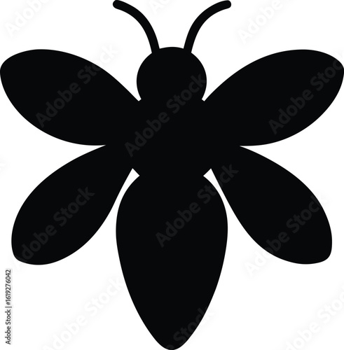 Black silhouette of a stylized bee with six wings and antennae insect white