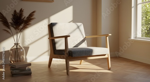 Cozy Interior with Modern Armchair, Sunlight and Decorative Elements
