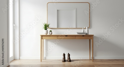 Minimalist Interior Design: Wooden Console Table with Mirror and Plants