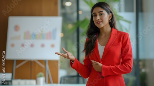 Indian woman in red blazer presenting data charts