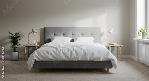 Modern Bedroom Interior Design with Bed, Side Tables, and Plant