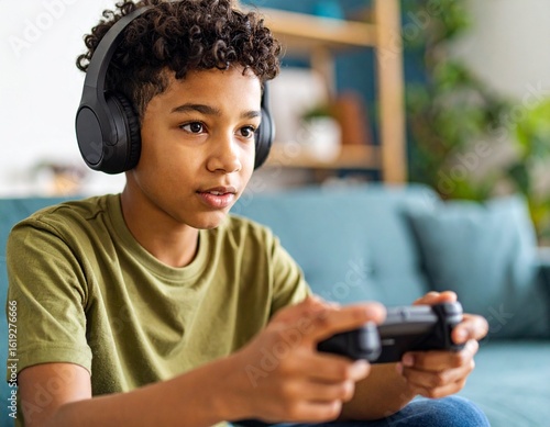 A Dominican boy playing video games in the living room, focused, colorful environment, relaxed setting