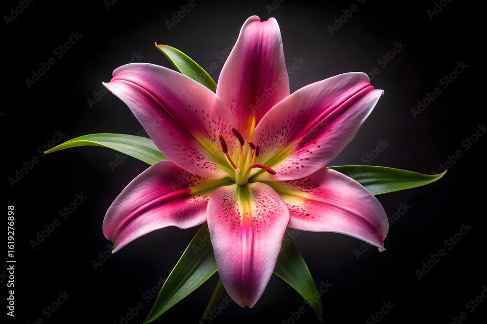 Fototapeta premium Closeup studio shot of a vibrant pink and purple lily flower with green leaves against a dark black background