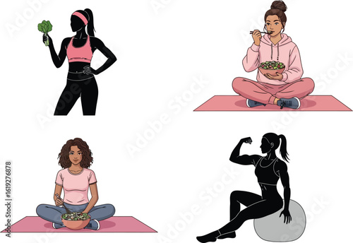 Active women embracing healthy lifestyles with nutritious food and fitness