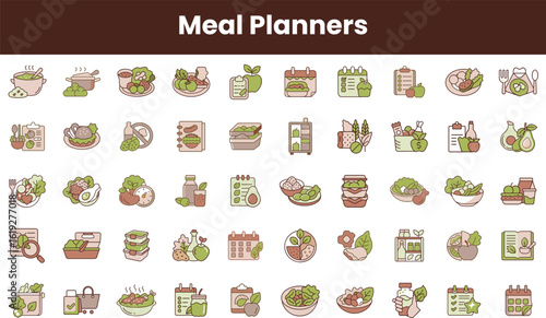 Colorful meal planner icons representing various healthy foods and meal prep essentials, featuring bowls, containers, ingredients, and scheduling tools.