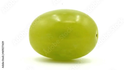 A single round green grape sits against a plain white background