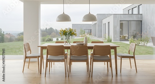Modern Dining Room Interior with a View of Contemporary Architecture