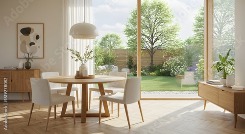 Modern Dining Room Interior with Garden View
