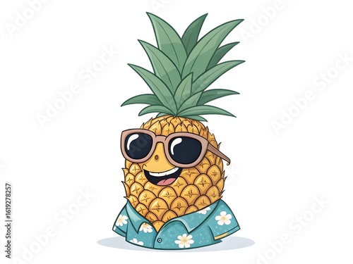 Happy cartoon pineapple wearing sunglasses and a hawaiian shirt