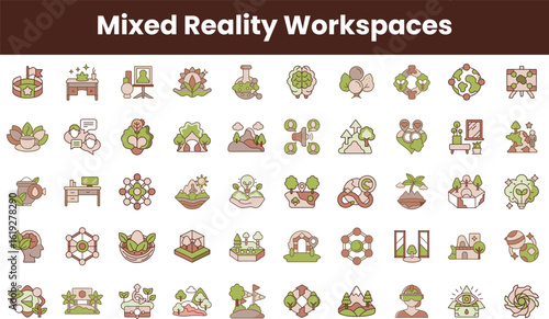 A vibrant collection of icons depicting mixed reality workspaces, featuring nature elements and modern technology, perfect for creative and tech-themed projects.